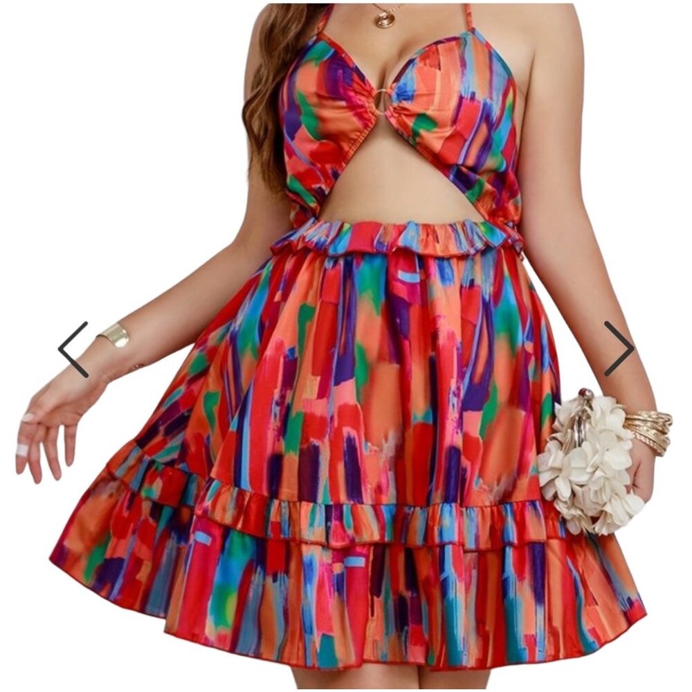 Women's Plus Painting Print Cut Out Halter Neck Metal  Ring Decor Cami Sumer 4xl